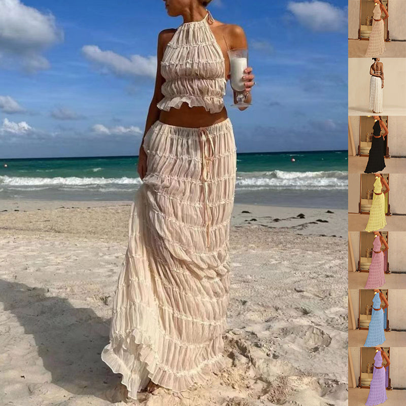 LuxeBreeze™ 2-Piece Halter Top & Pleated Maxi Skirt