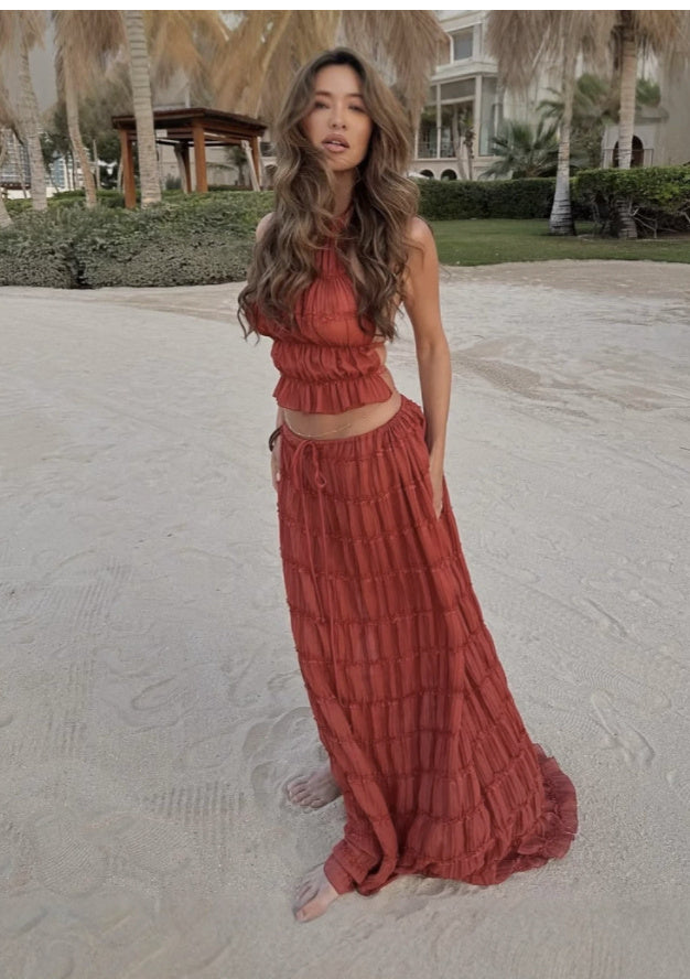 LuxeBreeze™ 2-Piece Halter Top & Pleated Maxi Skirt