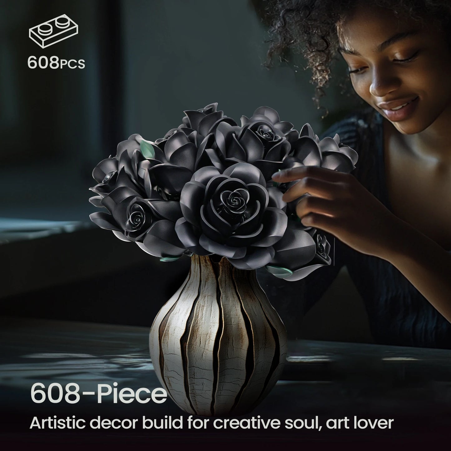 RomanticRose™ 12-Piece Black Rose Building Block Set