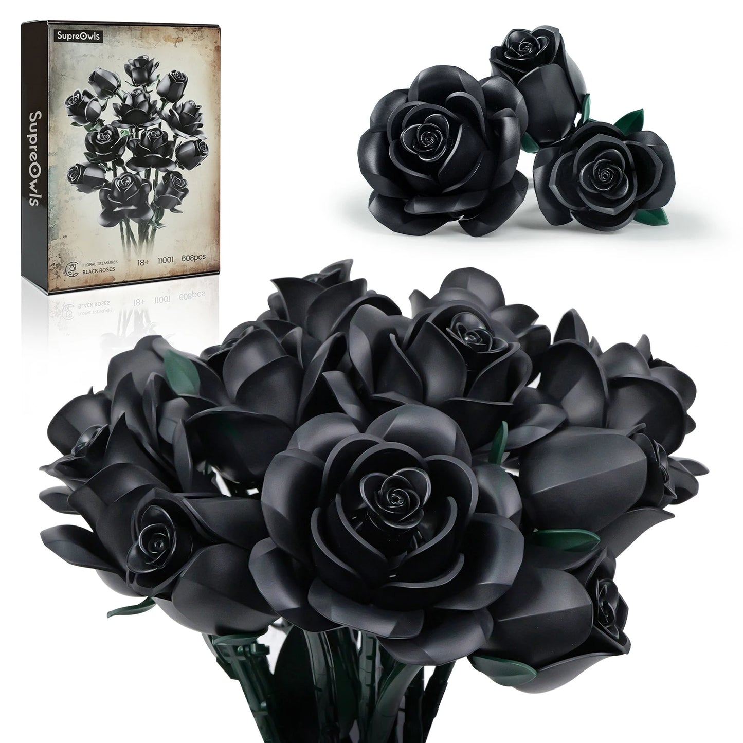 RomanticRose™ 12-Piece Black Rose Building Block Set