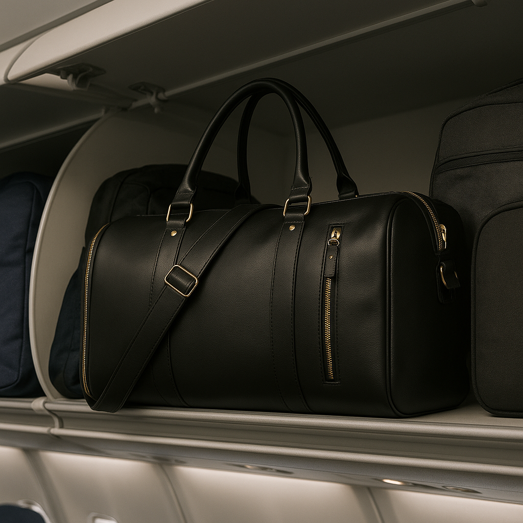 Black leather duffel bag with gold zippers on an airplane shelf.
